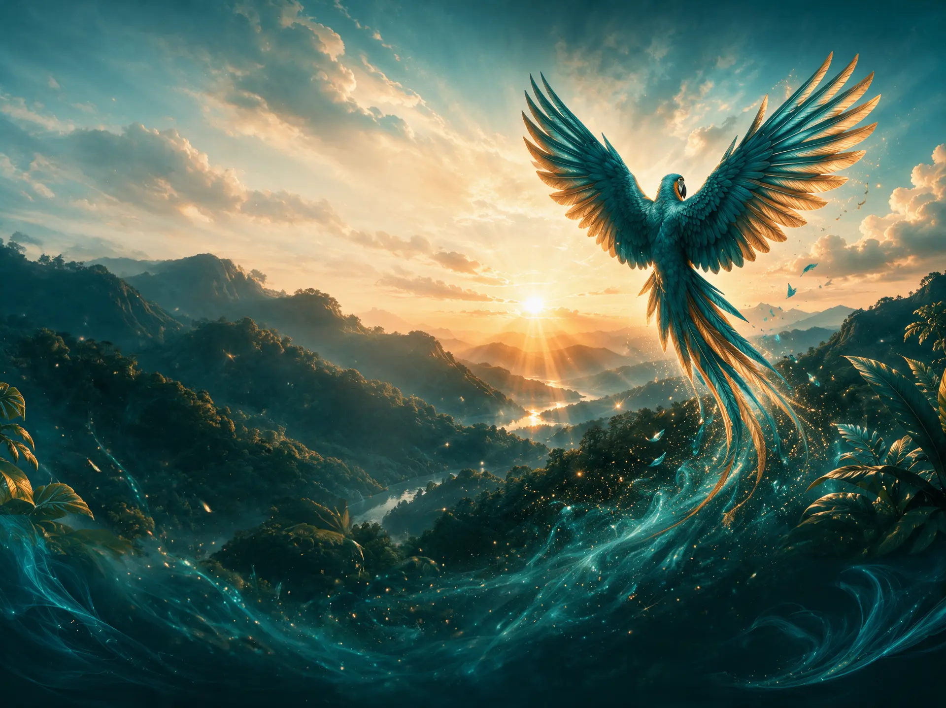 A teal and gold macaw rising with outstretched wings over a sunlit mountain valley